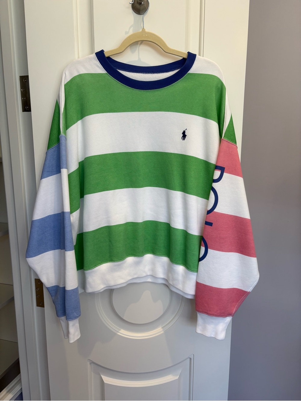 Polo by Ralph Lauren Striped Crewneck Sweater in Green, White, Blue & Pink